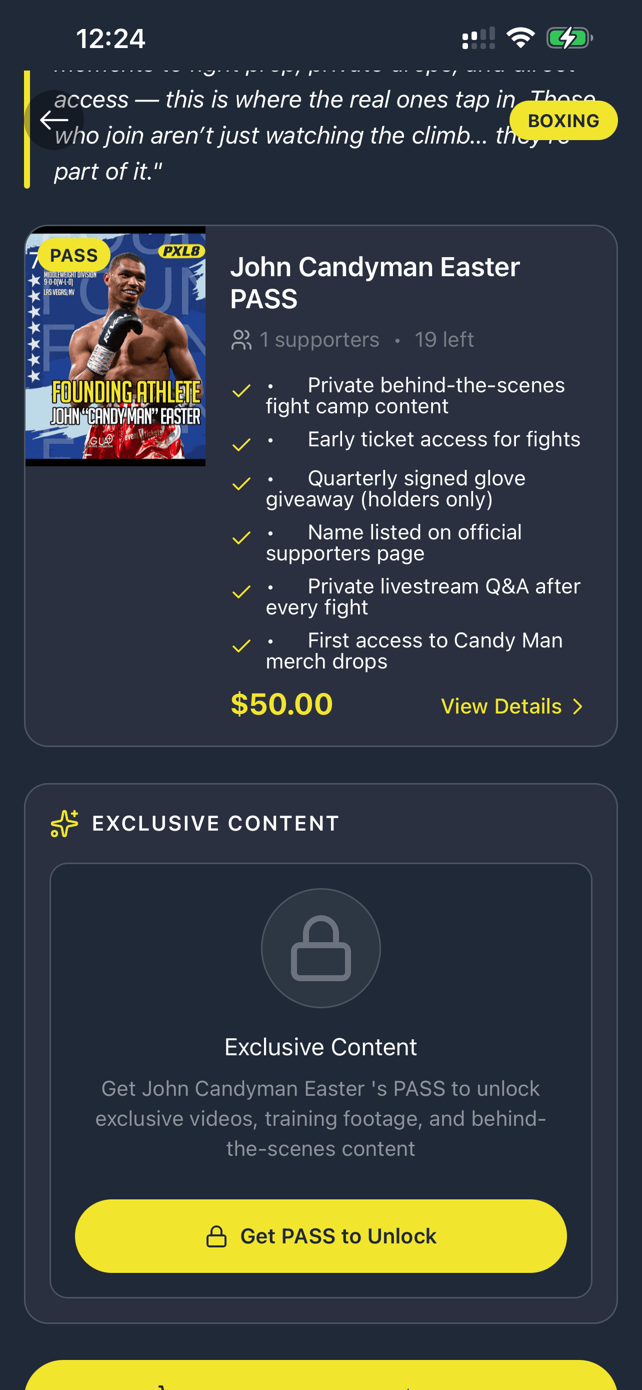 PXL8 app — athlete profile with exclusive content